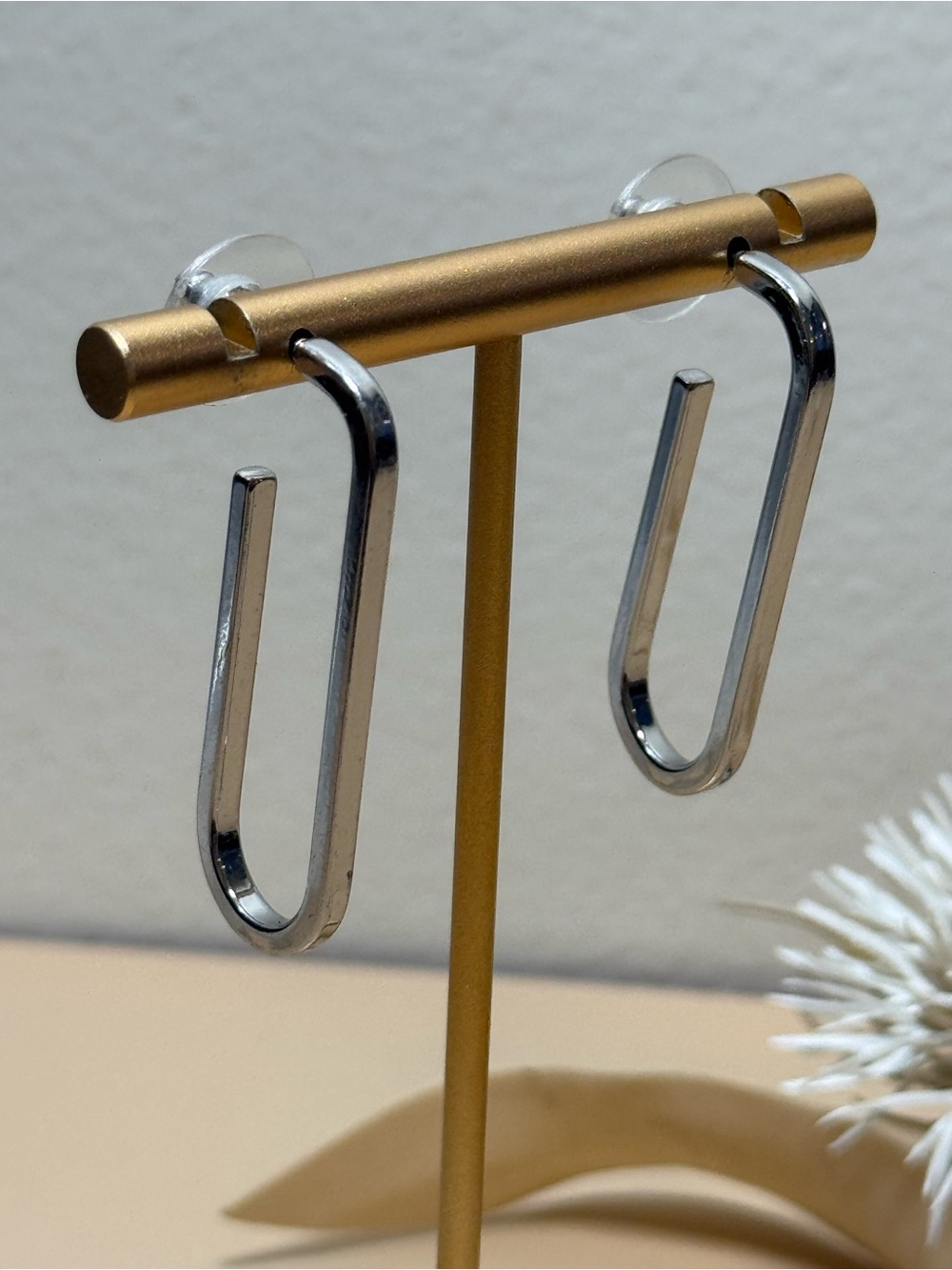 Silver Tone Long Open Geometric U Shape Statement Hoop Earrings